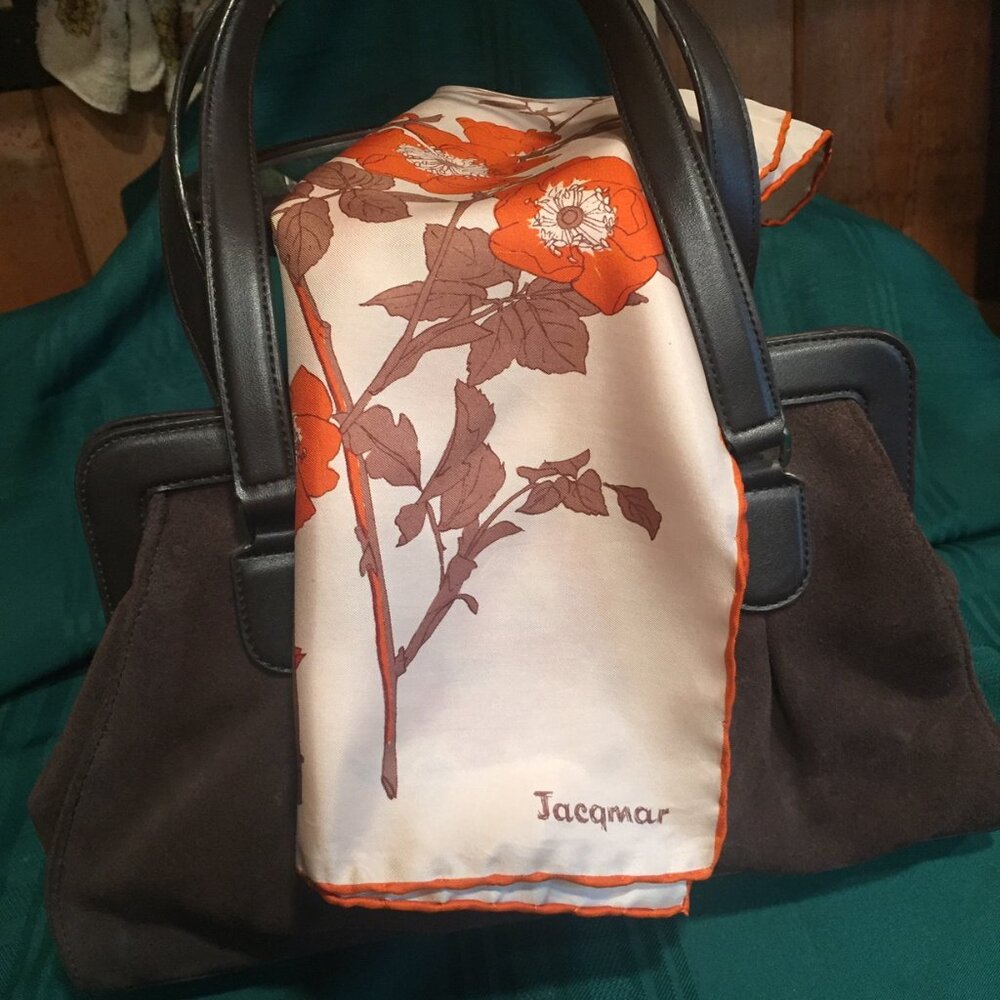 Ann Taylor Loft Suede Purse with Jacqmar Fall Colors Vintage Scarf